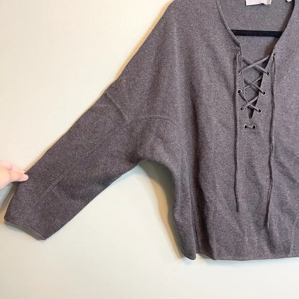 Vince Wool Cashmere Sweater M Gray Dolman Sleeve Lace Up Preppy Cozy Warm Soft